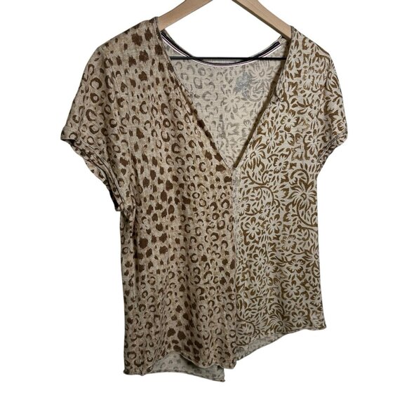 Anthropologie Pilcro Shirt Medium Short Sleeve Beige Leopard Floral Boho Mobwife - Picture 5 of 10